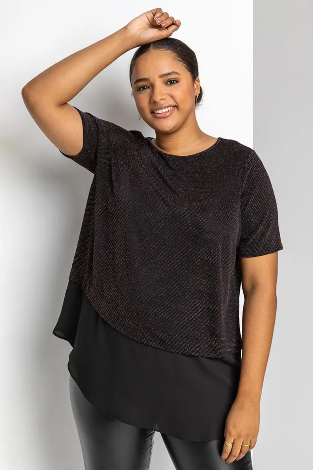 Bronze Curve Sparkle Overlay Tunic Top Women Roman Tops