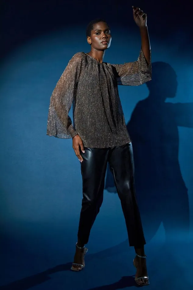 Bronze Plisse Overlay Wide Sleeve Top Women Roman Tops