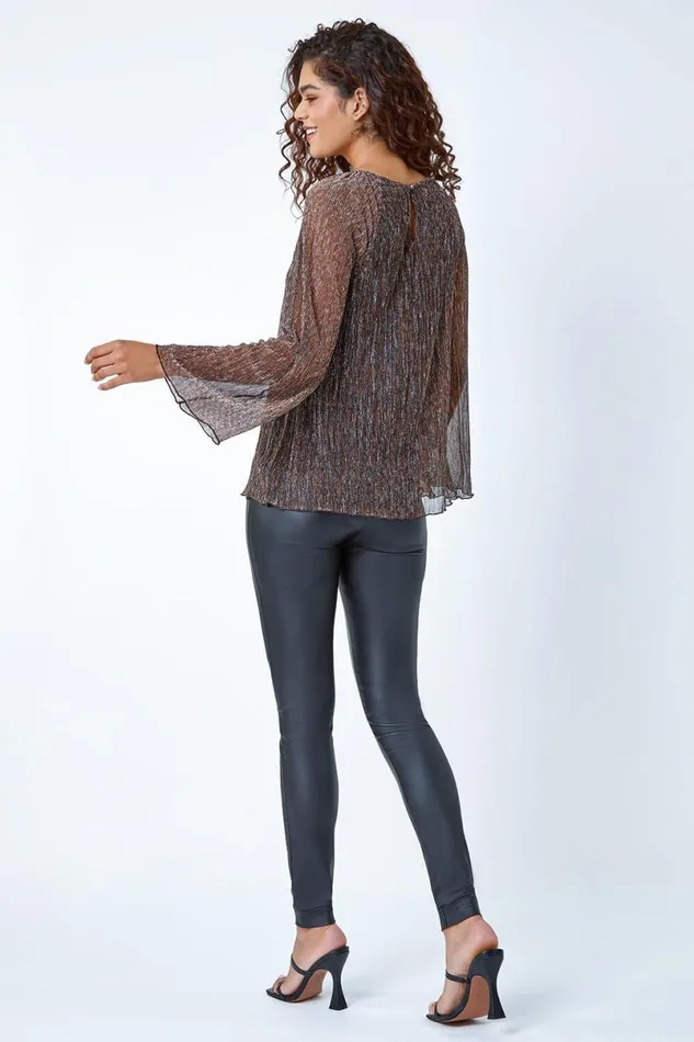 Bronze Plisse Overlay Wide Sleeve Top Women Roman Tops