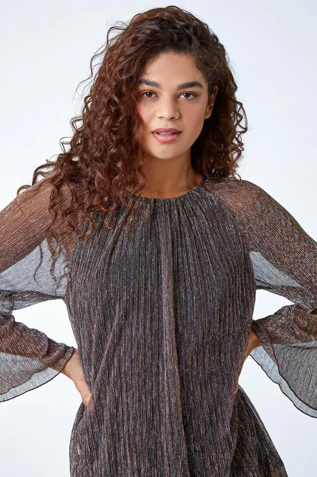 Bronze Plisse Overlay Wide Sleeve Top Women Roman Tops