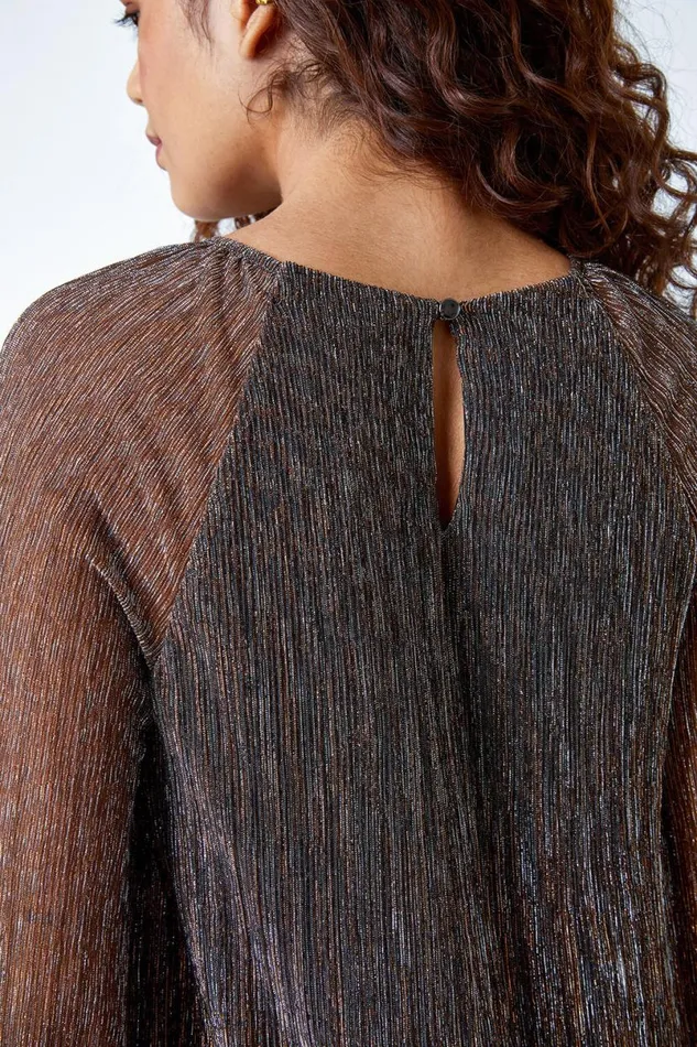 Bronze Plisse Overlay Wide Sleeve Top Women Roman Tops