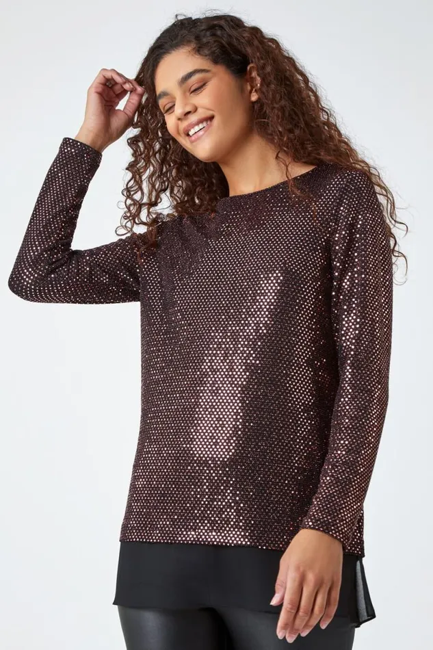 Bronze Sequin Chiffon Hem Stretch Top Women Roman Tops