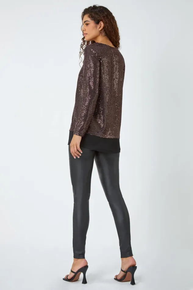 Bronze Sequin Chiffon Hem Stretch Top Women Roman Tops