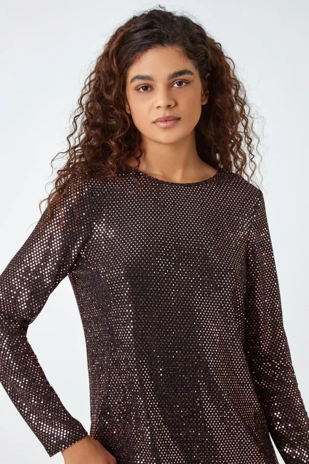 Bronze Sequin Chiffon Hem Stretch Top Women Roman Tops