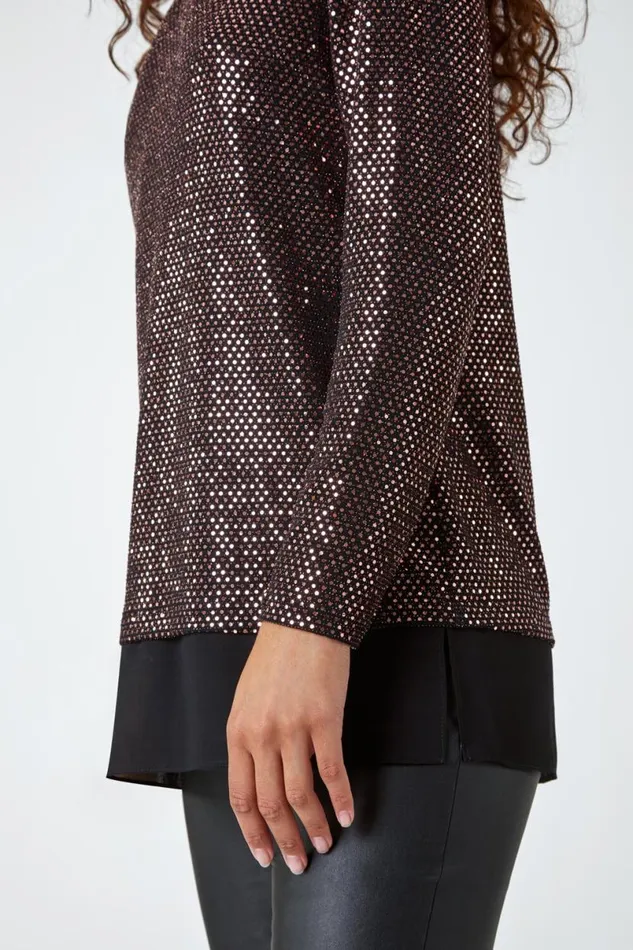 Bronze Sequin Chiffon Hem Stretch Top Women Roman Tops