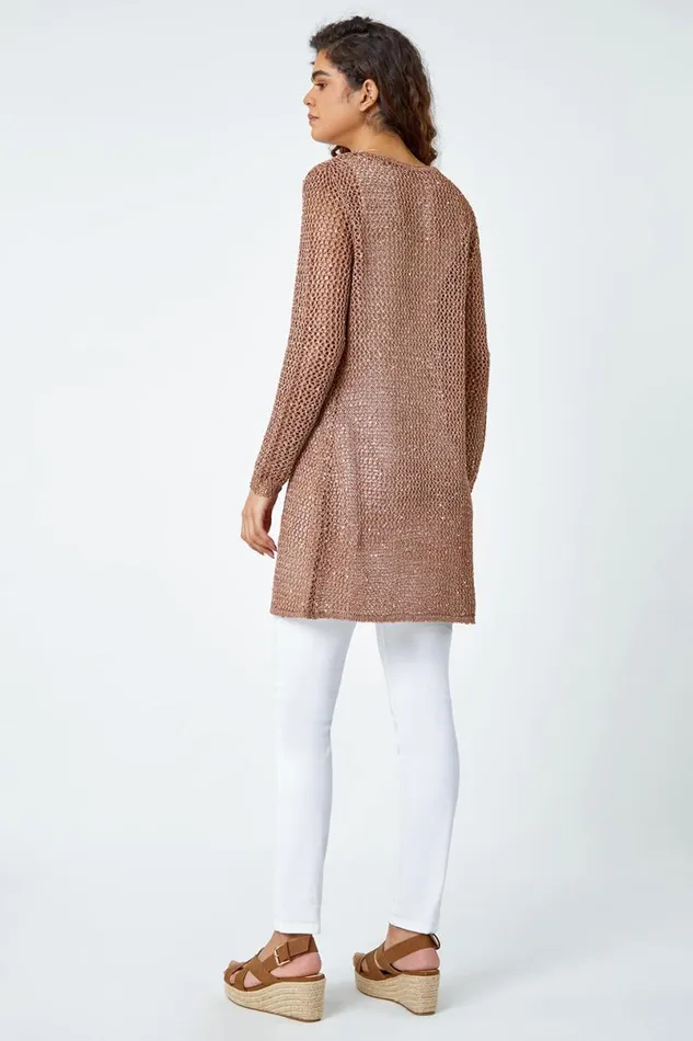 Bronze Sequin Knit Longline Cardigan Women Roman Knitwear