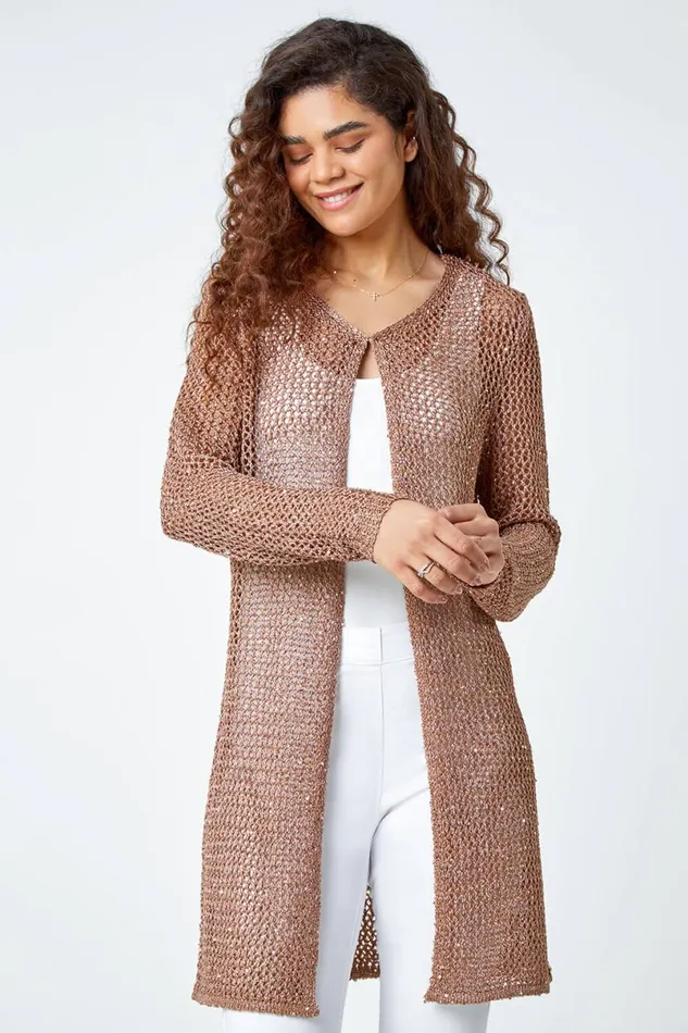 Bronze Sequin Knit Longline Cardigan Women Roman Knitwear