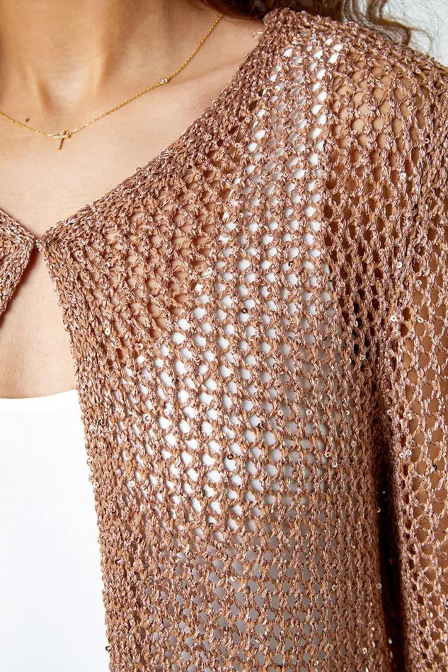 Bronze Sequin Knit Longline Cardigan Women Roman Knitwear
