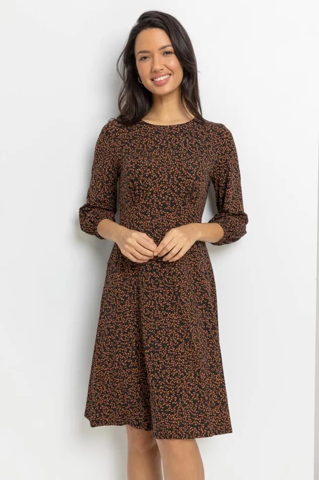 Brown Ditsy Floral Print Dress Women Roman Dresses