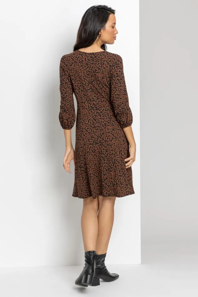 Brown Ditsy Floral Print Dress Women Roman Dresses