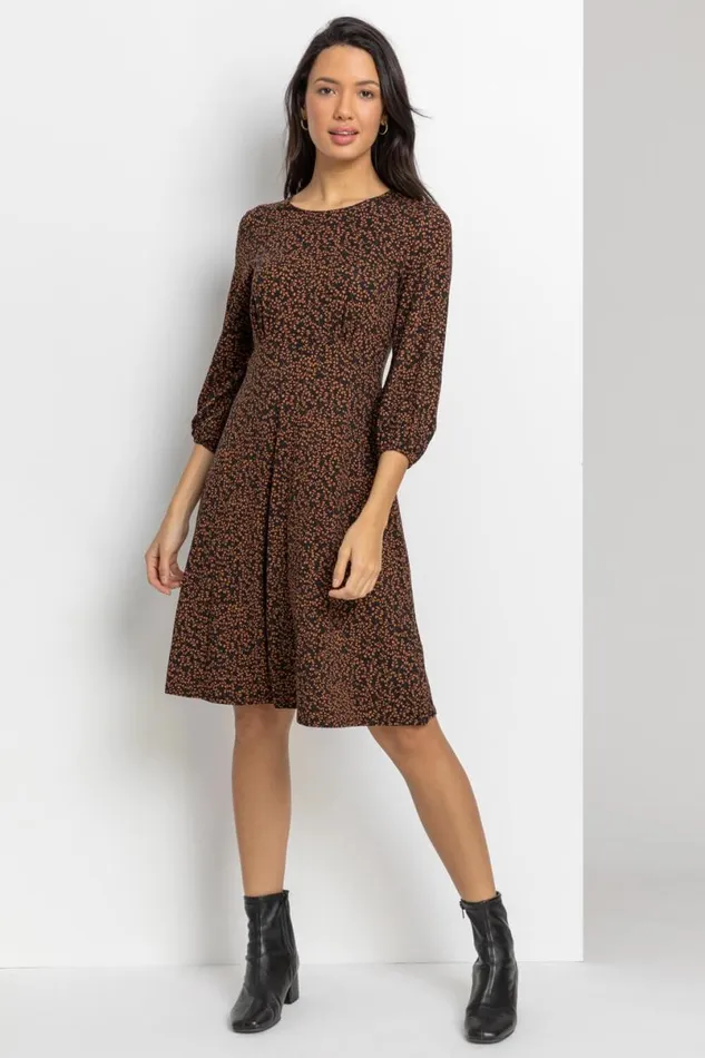 Brown Ditsy Floral Print Dress Women Roman Dresses