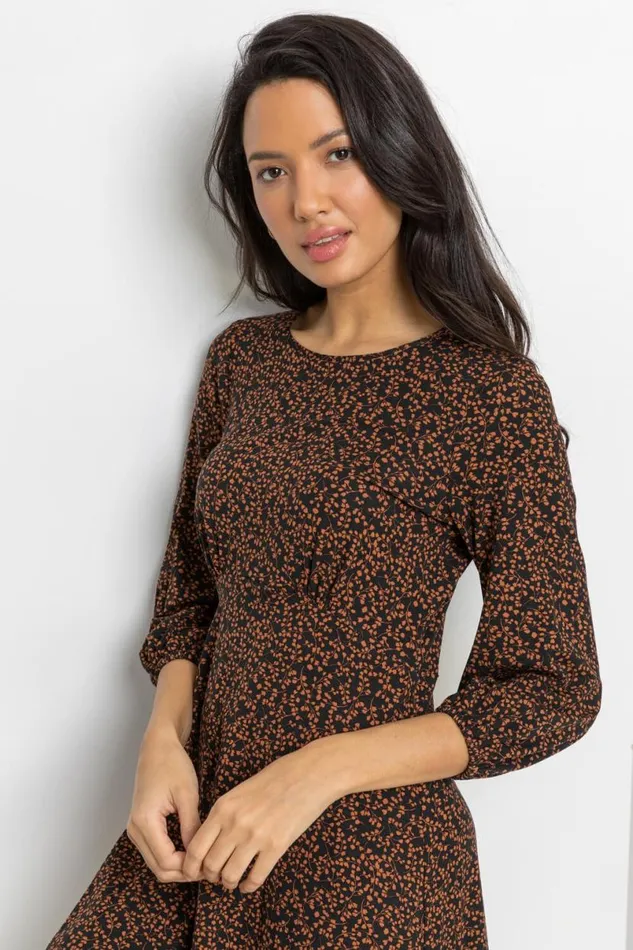 Brown Ditsy Floral Print Dress Women Roman Dresses