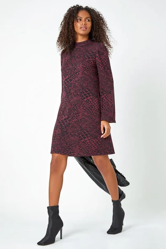 Burgundy Snake Print Stretch Swing Dress Women Roman Dresses