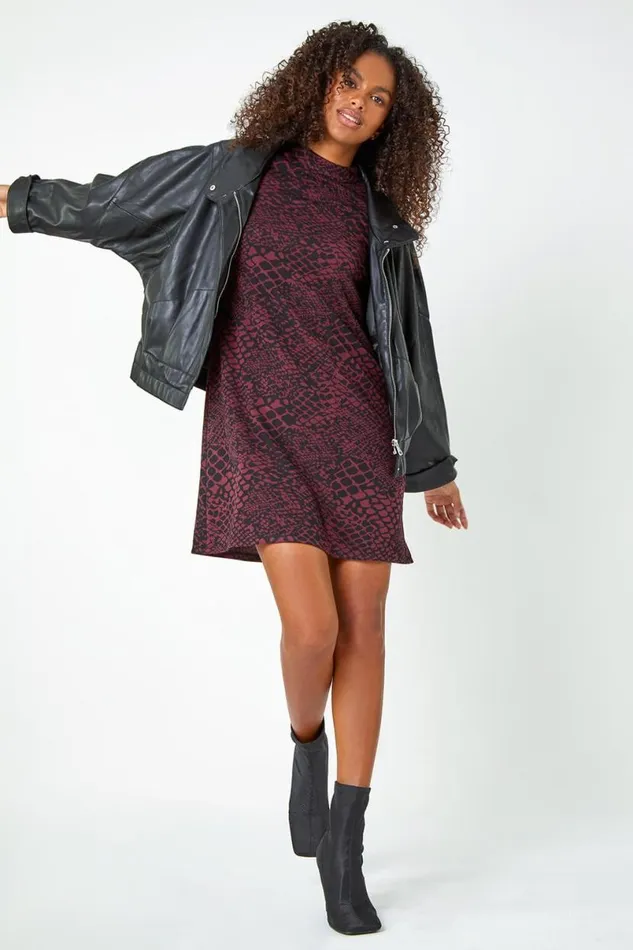 Burgundy Snake Print Stretch Swing Dress Women Roman Dresses