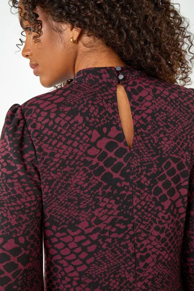 Burgundy Snake Print Stretch Swing Dress Women Roman Dresses