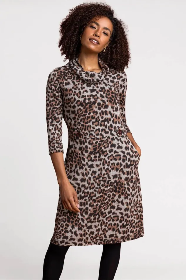 Camel Leopard Print Cowl Neck Dress Women Roman Dresses