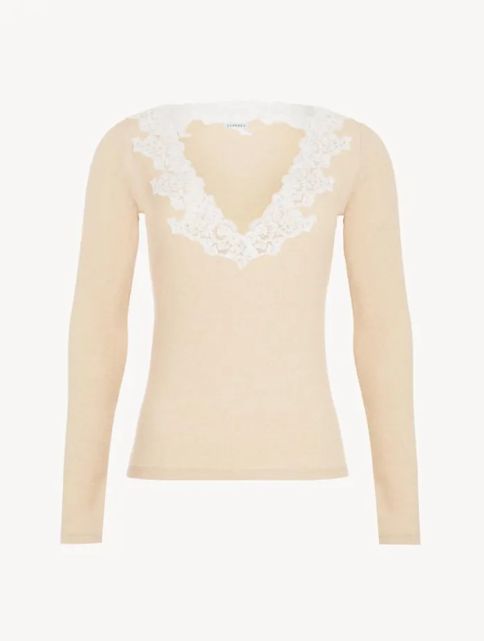 Cashmere Blend Ribbed Longsleeved Top In Halo With Frastaglio Sleepwear La Perla Camisoles