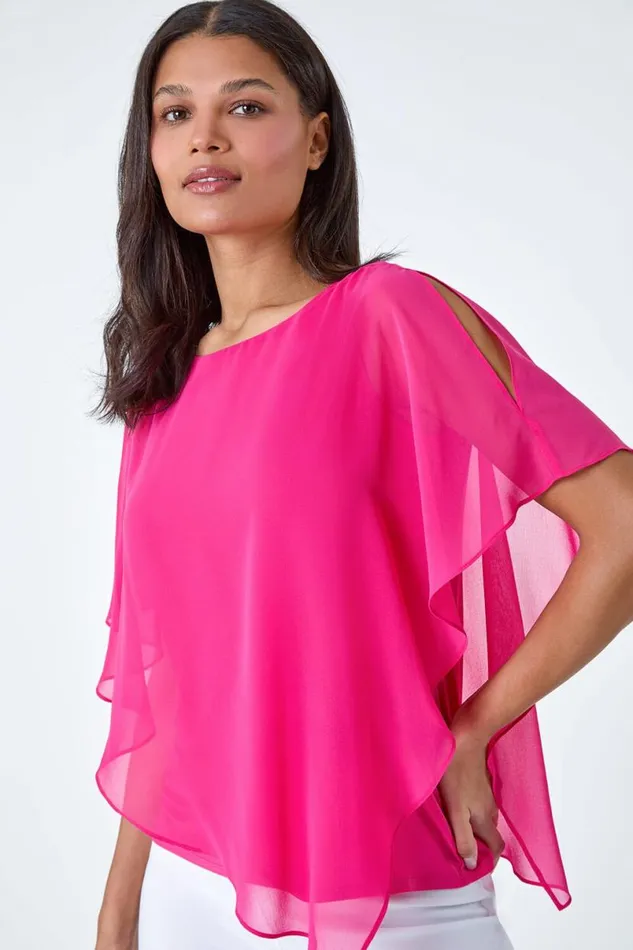 Cerise Asymmetric Cold Shoulder Stretch Chiffon Top Women Roman Tops