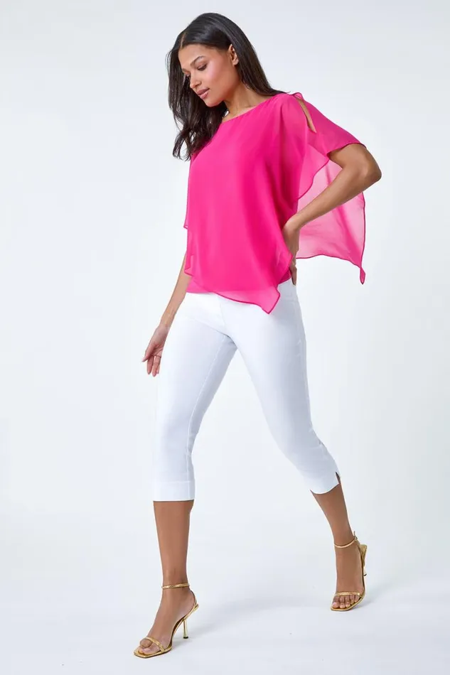 Cerise Asymmetric Cold Shoulder Stretch Chiffon Top Women Roman Tops
