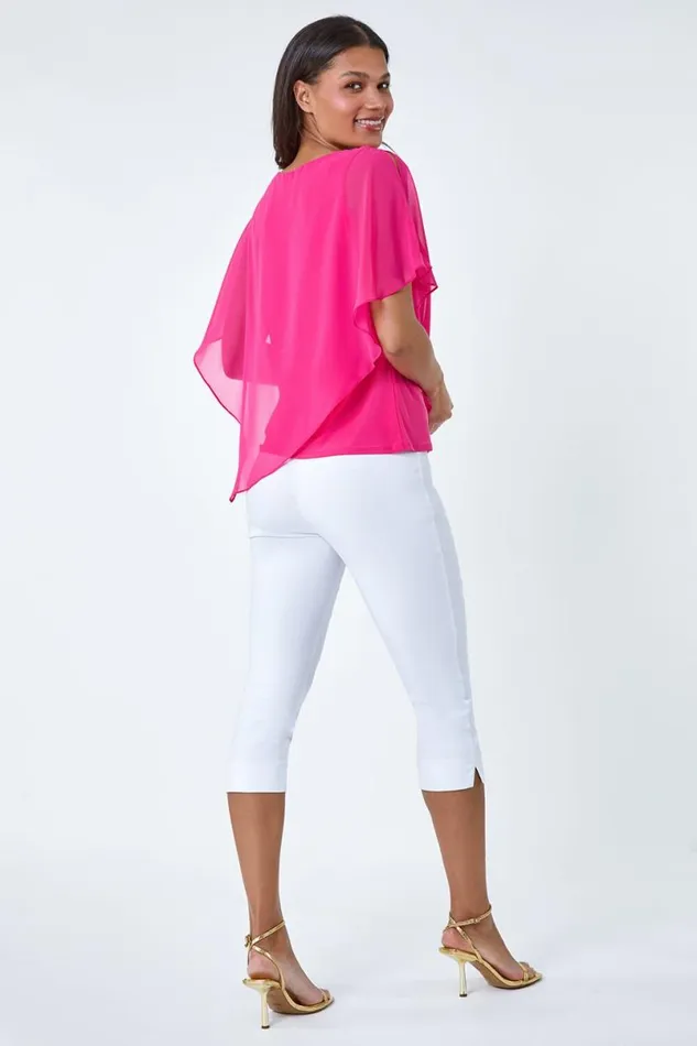 Cerise Asymmetric Cold Shoulder Stretch Chiffon Top Women Roman Tops