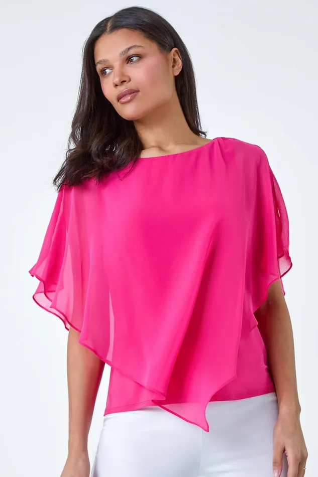 Cerise Asymmetric Cold Shoulder Stretch Chiffon Top Women Roman Tops