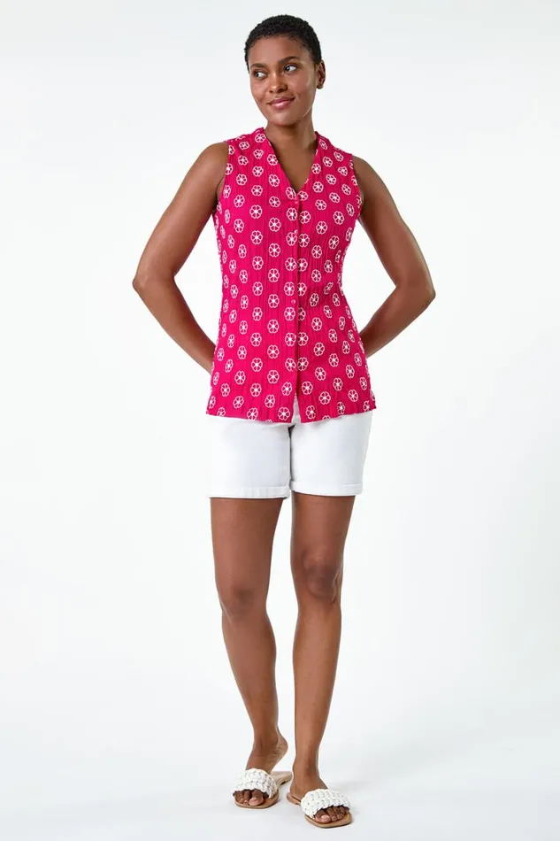 Cerise Floral Embroidered Cotton Crinkle Blouse Women Roman Tops