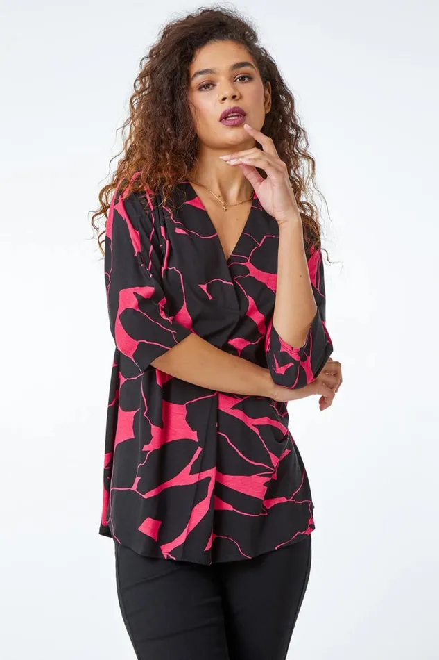 Cerise Floral Print Pleat Front Top Women Roman Tops