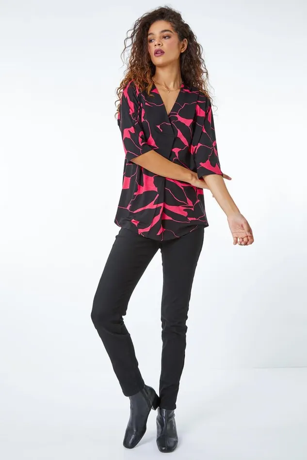Cerise Floral Print Pleat Front Top Women Roman Tops
