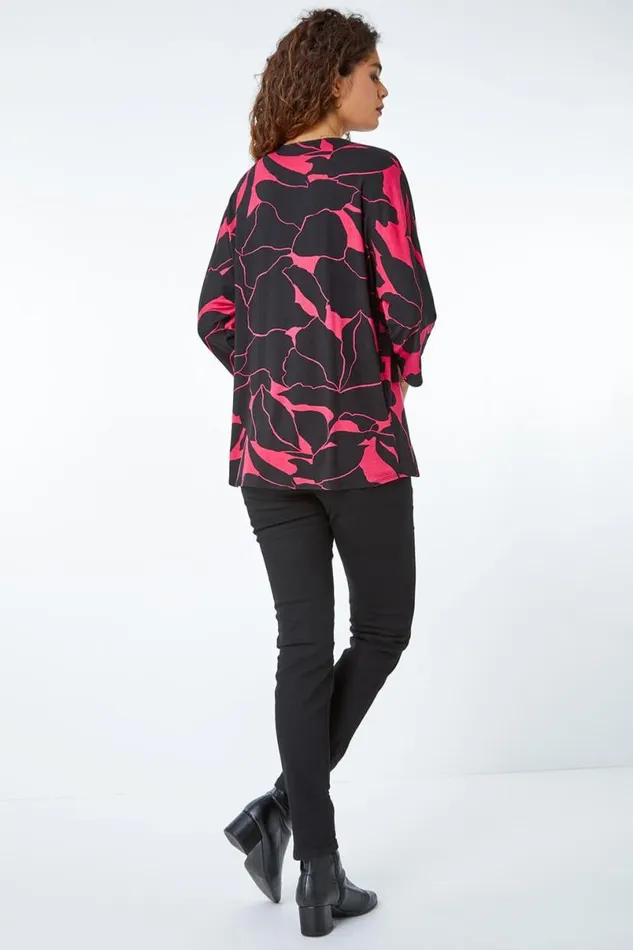 Cerise Floral Print Pleat Front Top Women Roman Tops