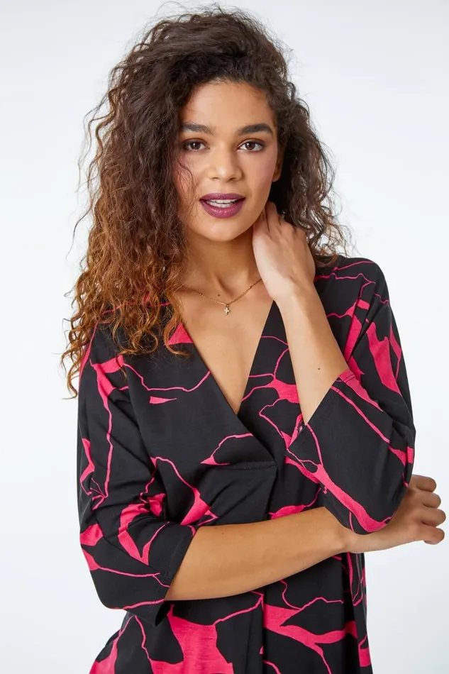 Cerise Floral Print Pleat Front Top Women Roman Tops