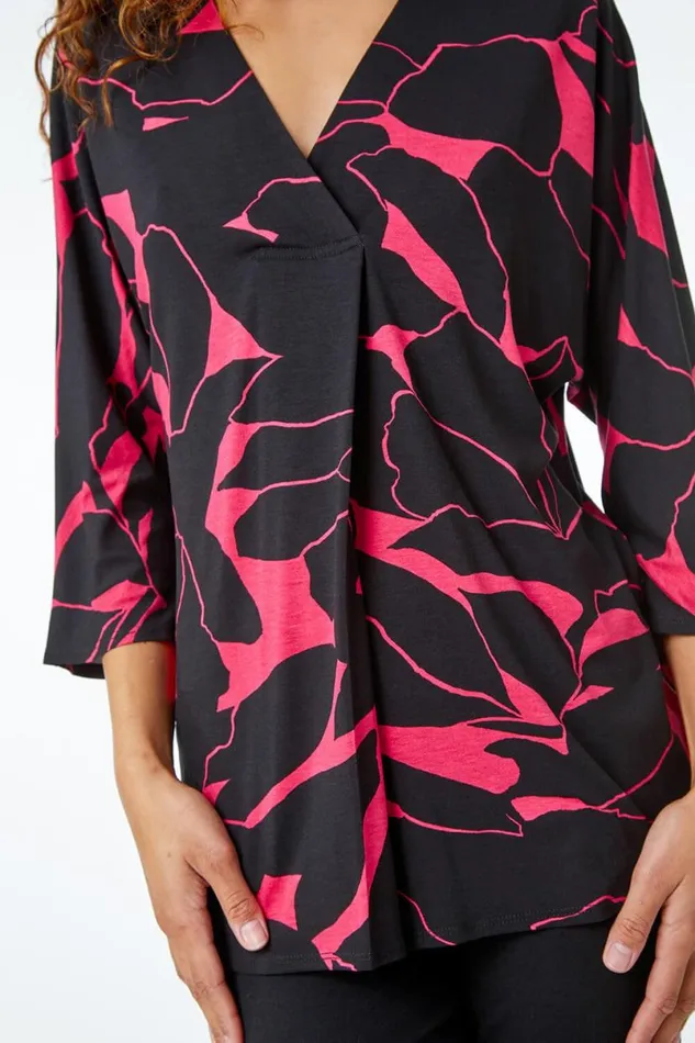 Cerise Floral Print Pleat Front Top Women Roman Tops