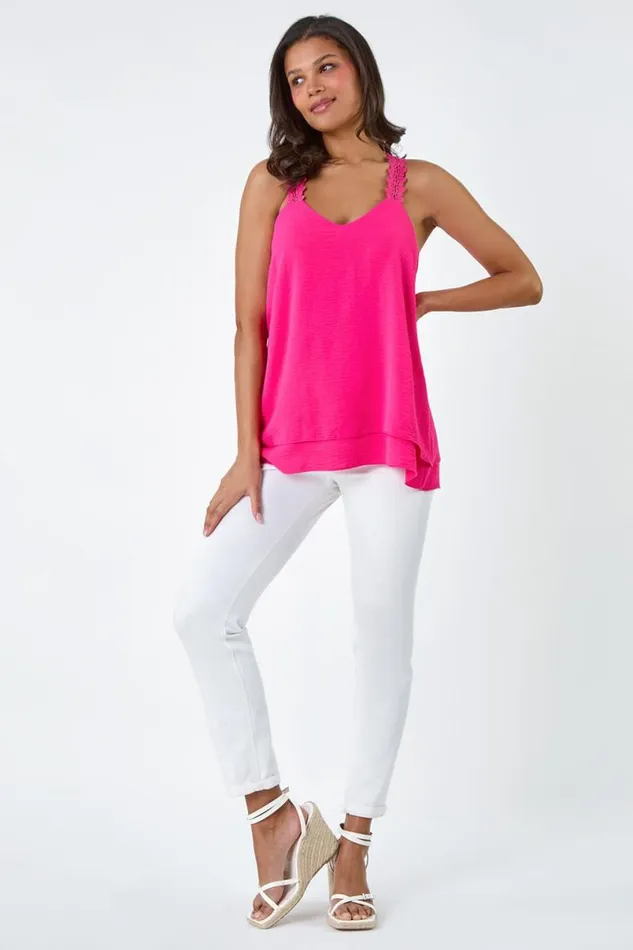 Cerise Lace Trim Strappy Vest Top Women Roman Tops