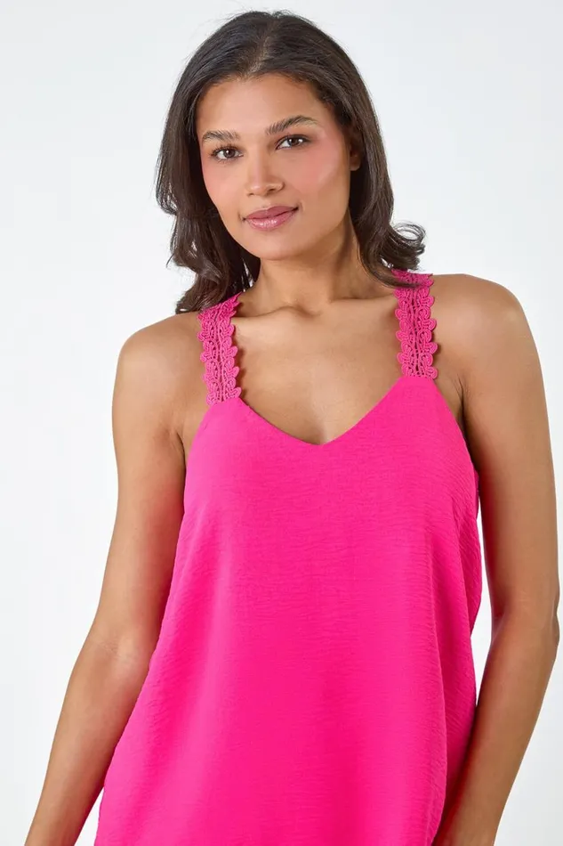 Cerise Lace Trim Strappy Vest Top Women Roman Tops