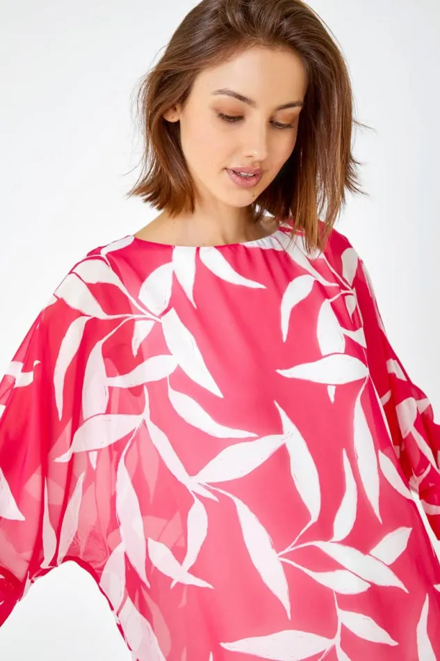 Cerise Leaf Print Chiffon Overlay Top Women Roman Tops