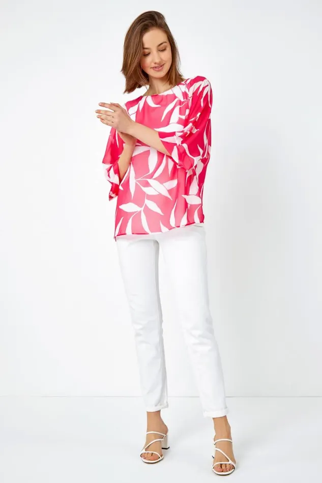 Cerise Leaf Print Chiffon Overlay Top Women Roman Tops