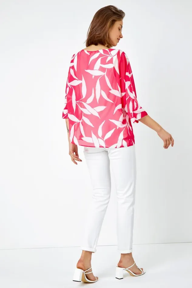 Cerise Leaf Print Chiffon Overlay Top Women Roman Tops