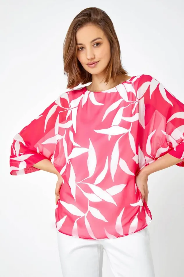 Cerise Leaf Print Chiffon Overlay Top Women Roman Tops