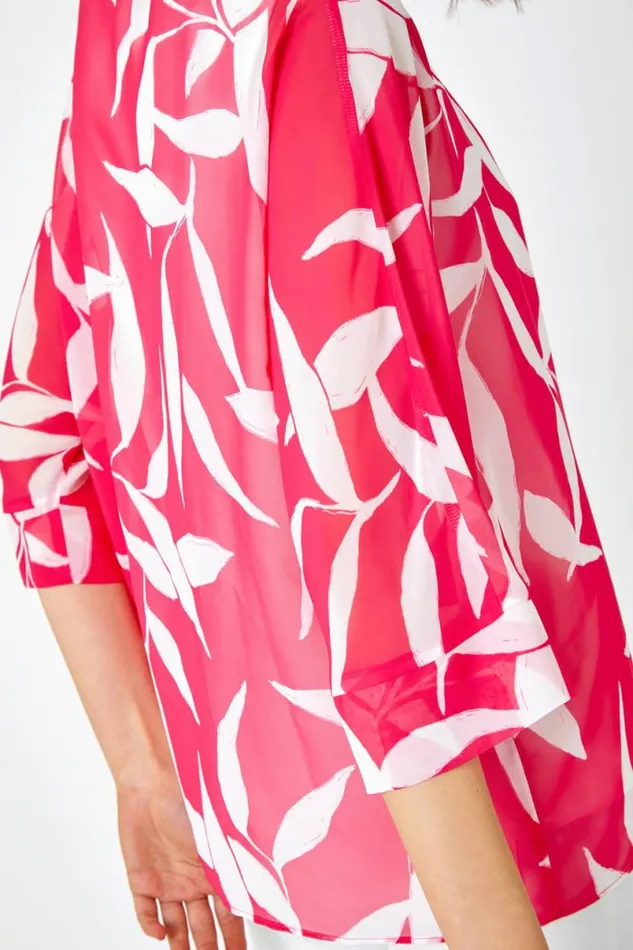 Cerise Leaf Print Chiffon Overlay Top Women Roman Tops