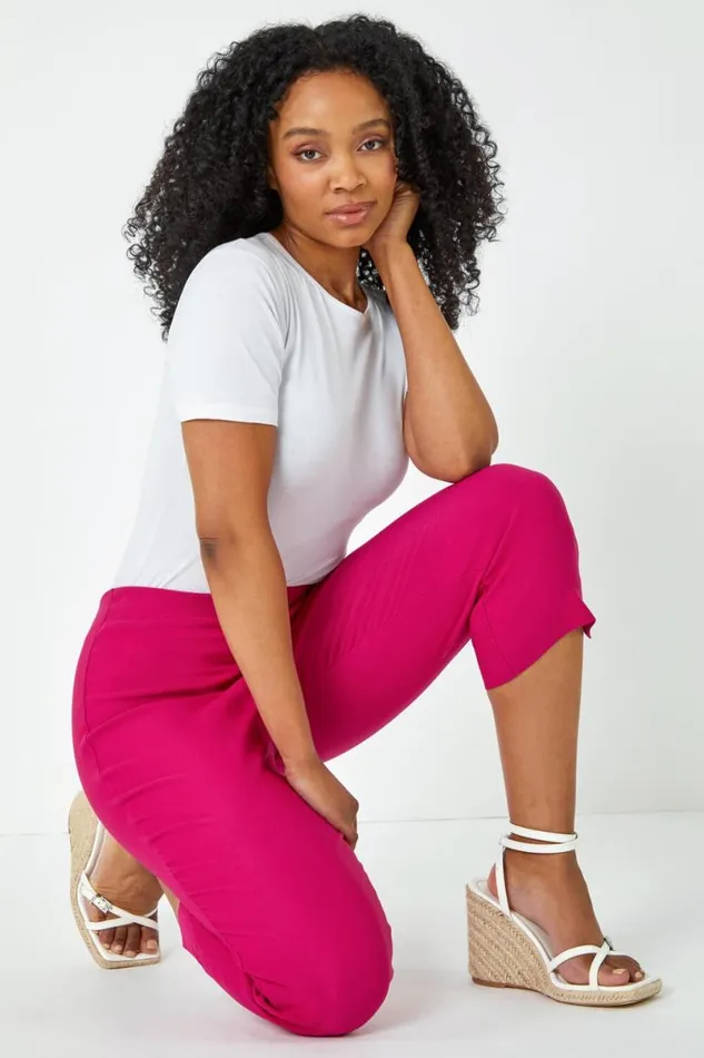 Cerise Petite Elastic Waist Stretch Cropped Trouser Women Roman Trousers