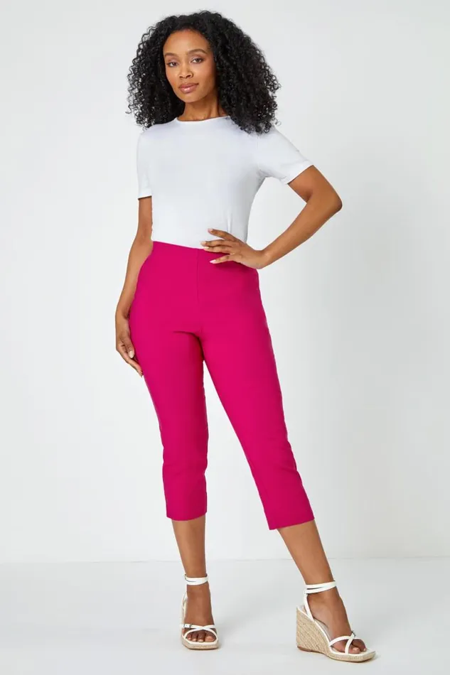 Cerise Petite Elastic Waist Stretch Cropped Trouser Women Roman Trousers