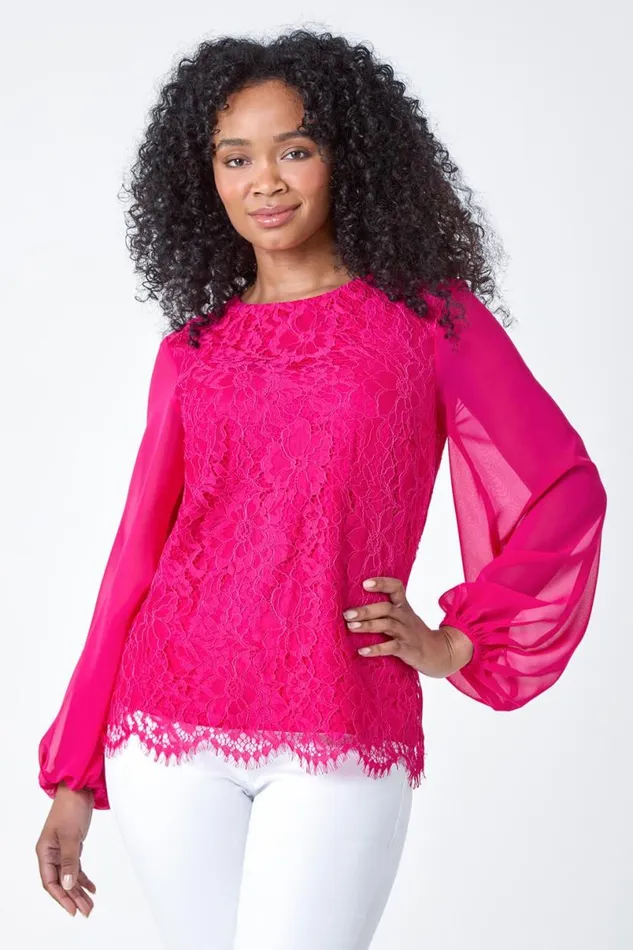 Cerise Petite Lace Chiffon Sleeve Top Women Roman Tops