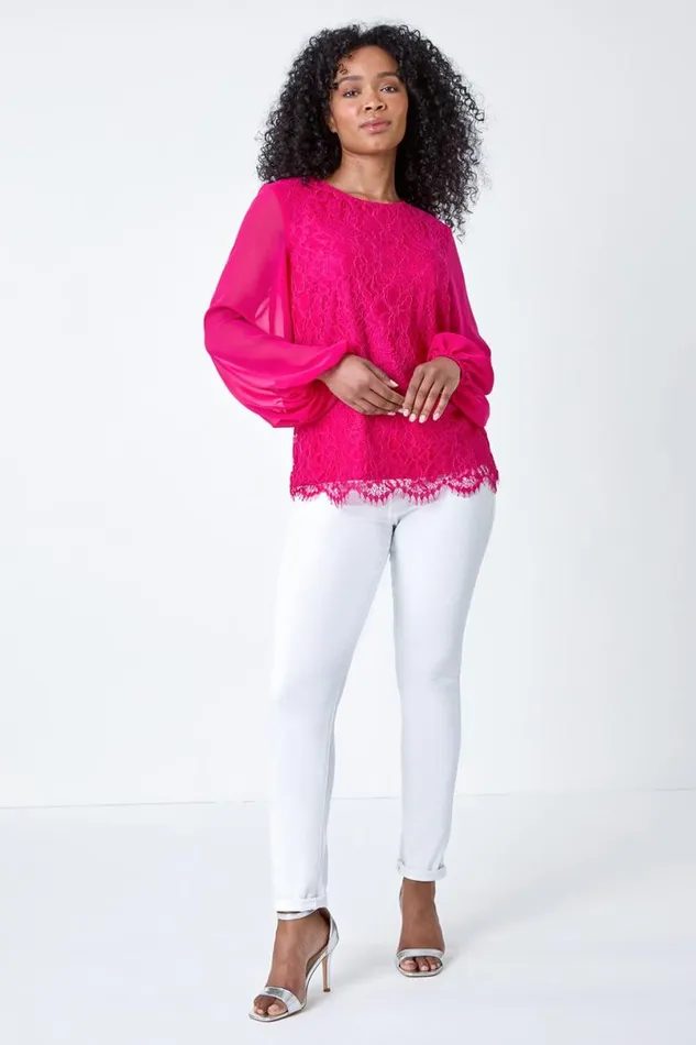 Cerise Petite Lace Chiffon Sleeve Top Women Roman Tops