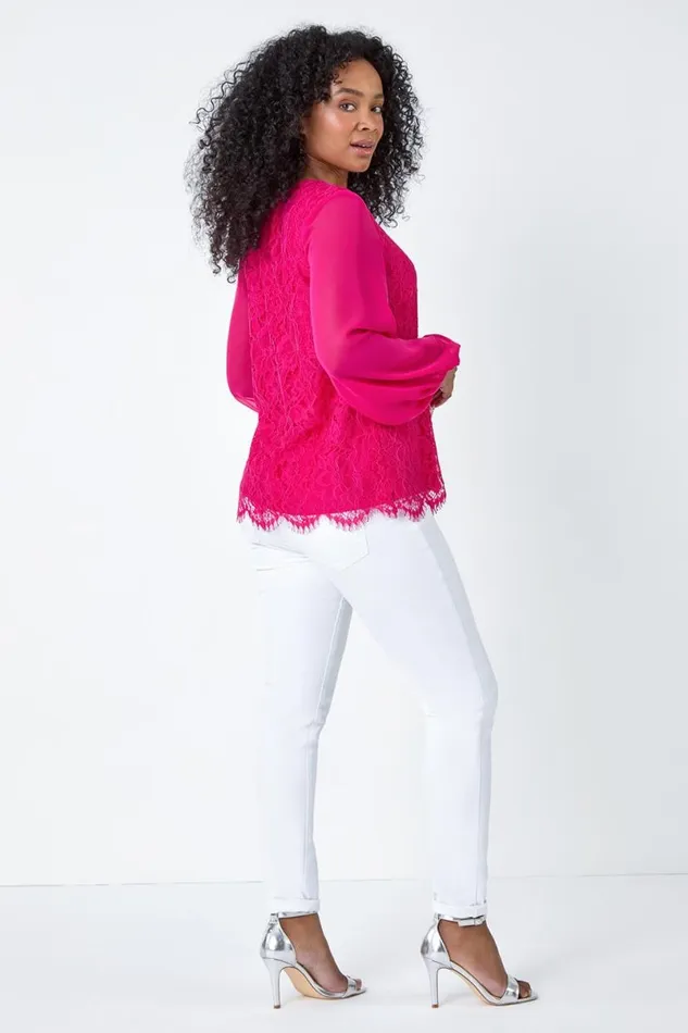 Cerise Petite Lace Chiffon Sleeve Top Women Roman Tops