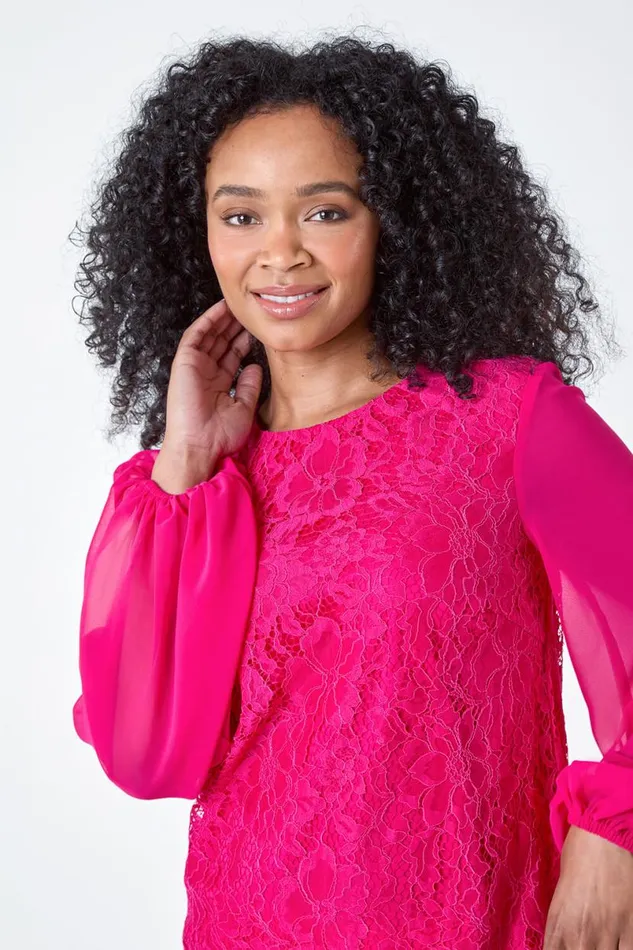 Cerise Petite Lace Chiffon Sleeve Top Women Roman Tops