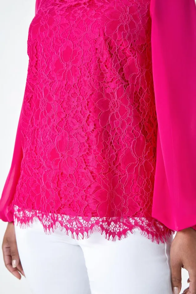Cerise Petite Lace Chiffon Sleeve Top Women Roman Tops