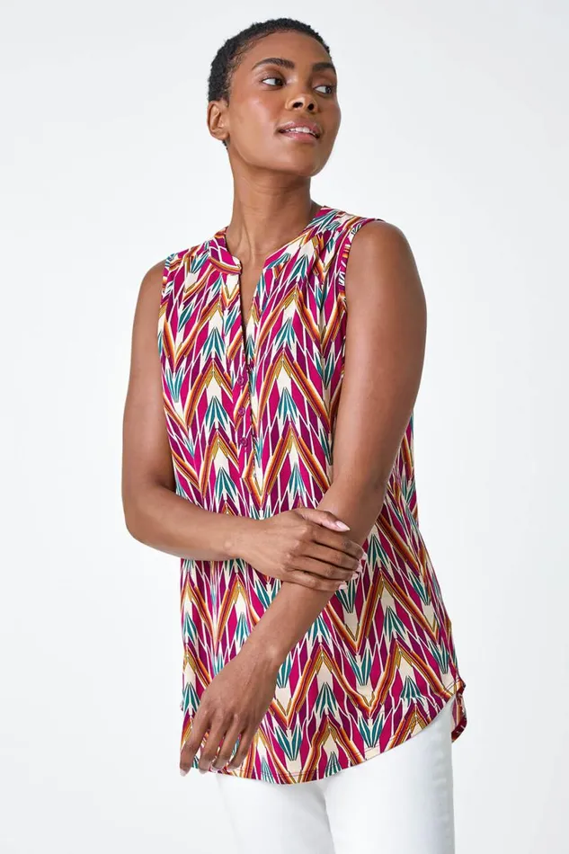 Cerise Sleeveless VNeck Floral Button Detail Top Women Roman Tops