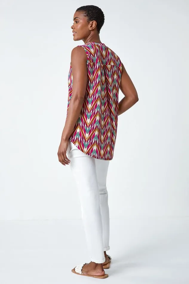Cerise Sleeveless VNeck Floral Button Detail Top Women Roman Tops