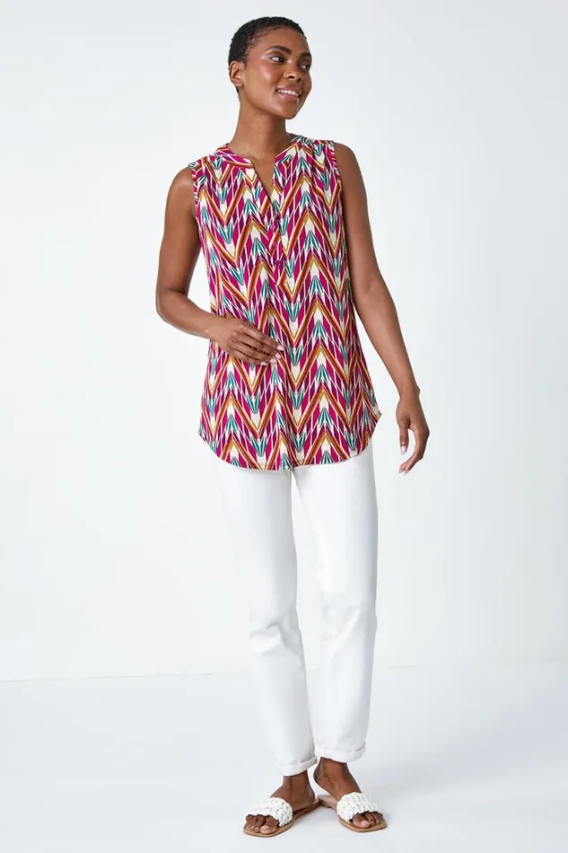 Cerise Sleeveless VNeck Floral Button Detail Top Women Roman Tops