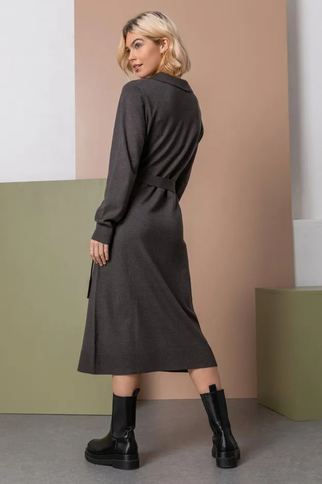 Charcoal Collared Belt Detail Knitted Dress Women Roman Dresses