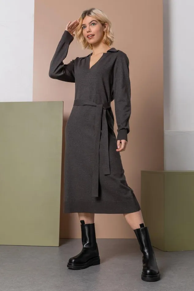 Charcoal Collared Belt Detail Knitted Dress Women Roman Dresses